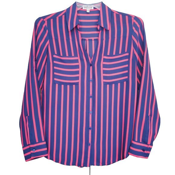 Express Portofino Blue & Red Striped Roll-Tab Sleeve Button-Up Shirt Size Medium - Picture 1 of 6